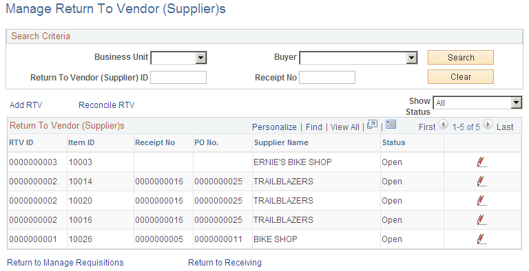 Manage Return to Vendor