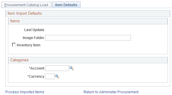 The Item Defaults page in the Procurement Catalog Load component