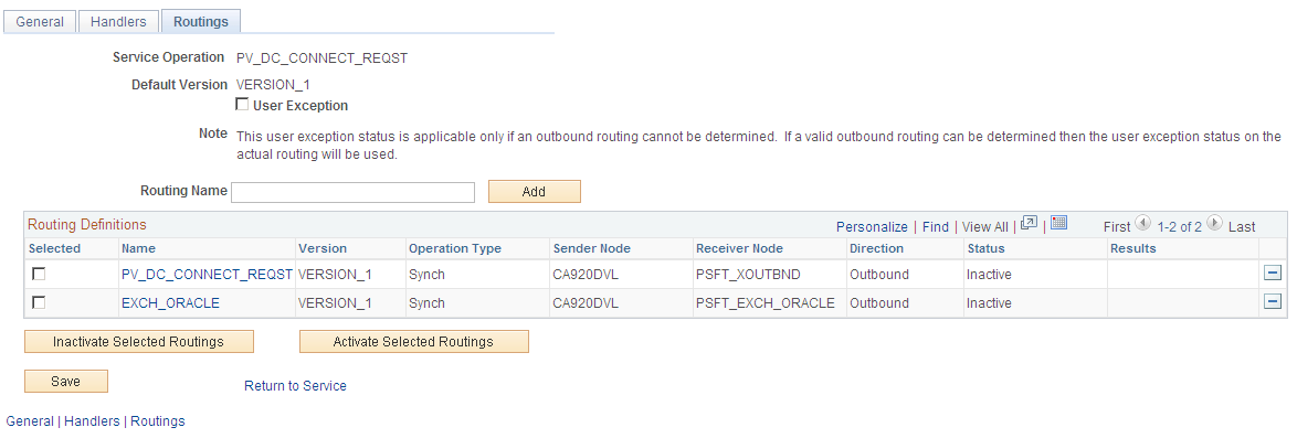 Service Operations - Routings page