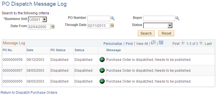 PO Dispatch Message Log page