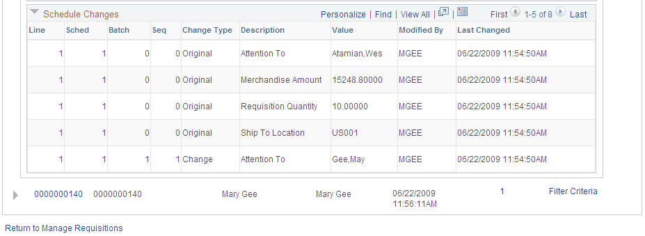 Requisition Change Tracking History page (2 of 2)