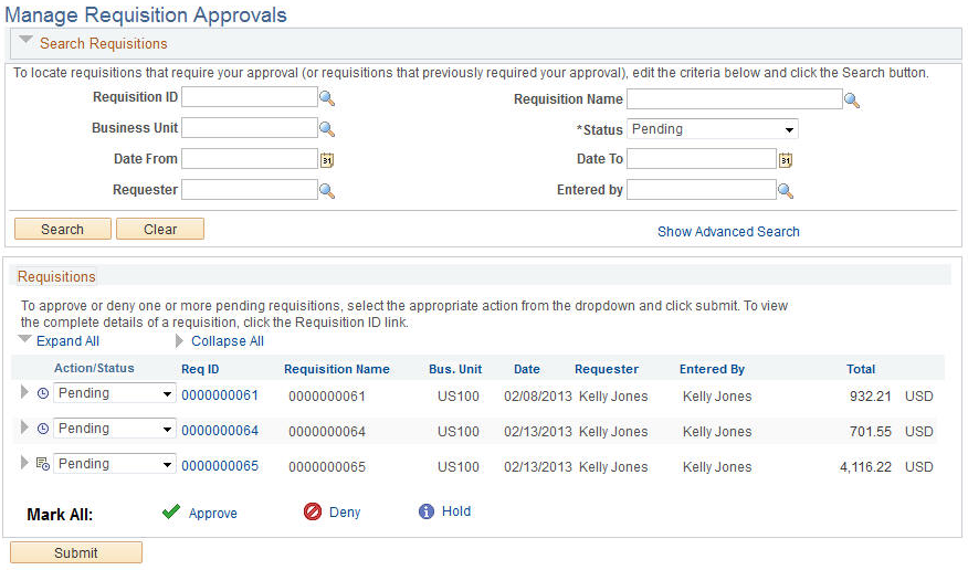 Manage Requisition Approvals page