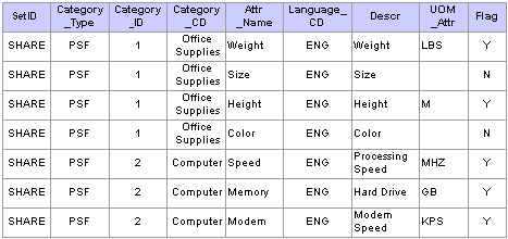 Example of category attributes in the PV_CAT_ATTR_TBL record.