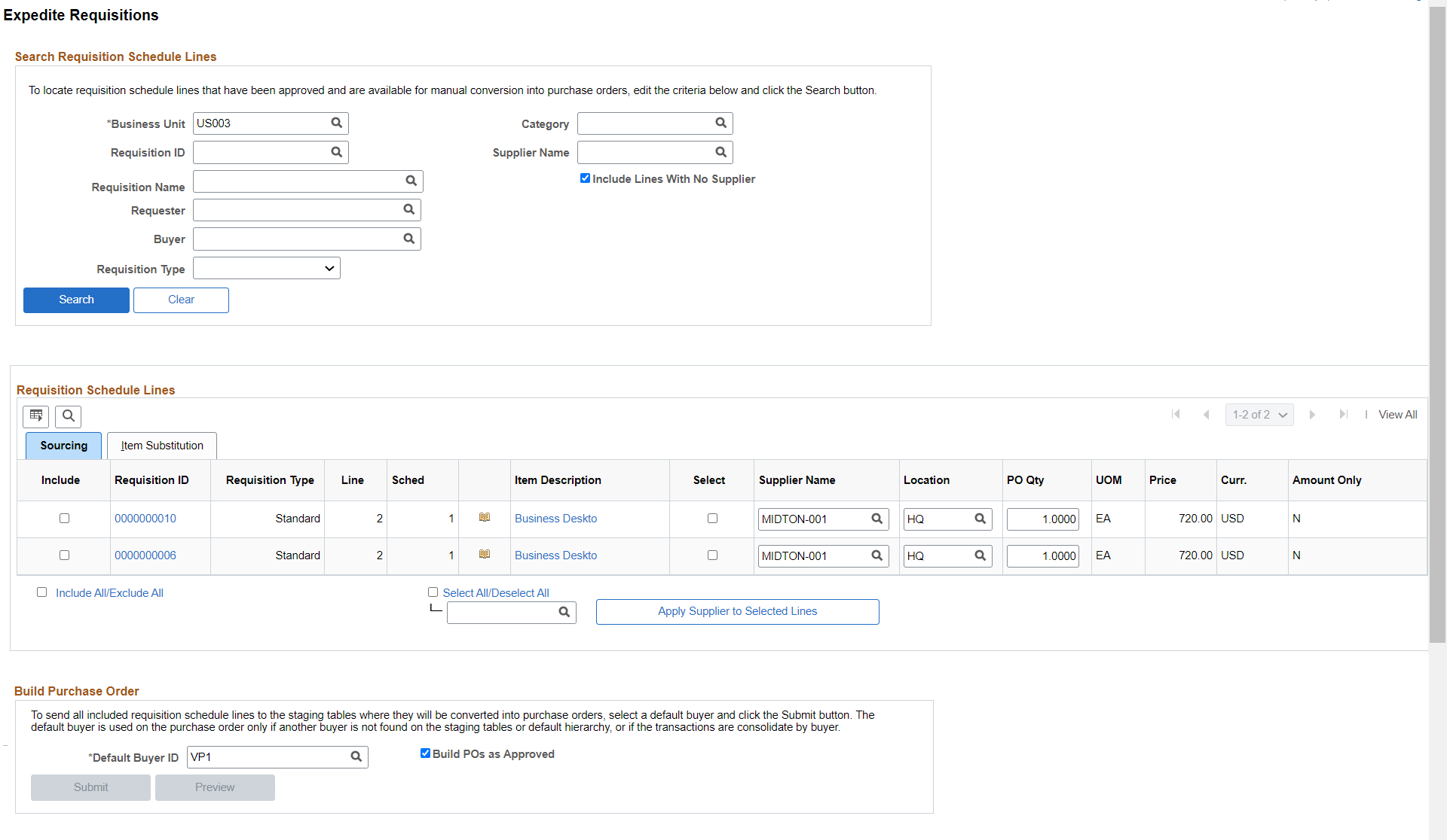 Expedite Requisitions page