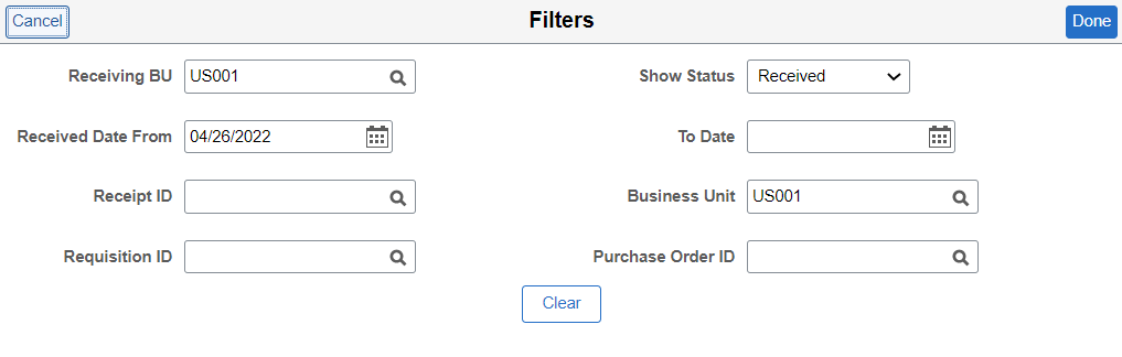 My Receipts Filters Page