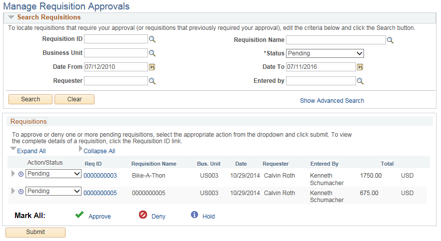 Manage Requisition Approvals page