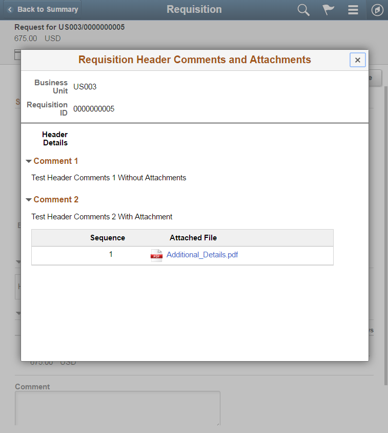 Requisition Header Comments Fluid page