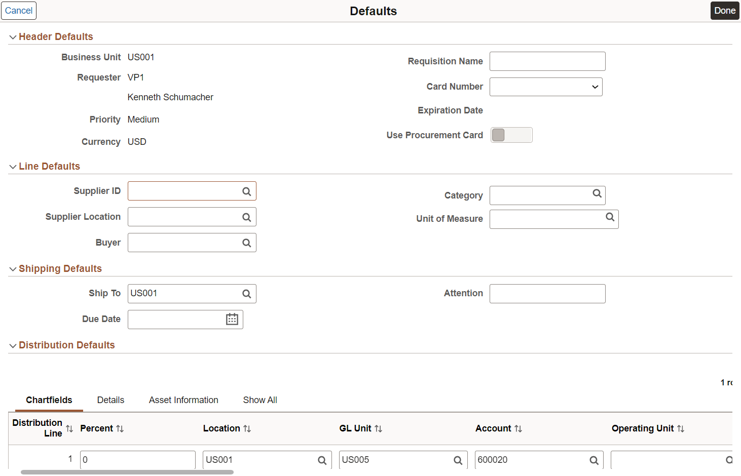 Requisition Defaults