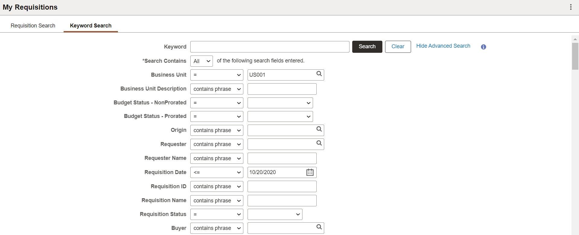 My Requisitions Advanced Search