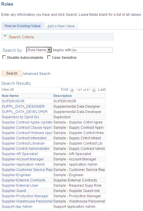 Roles search page (example)