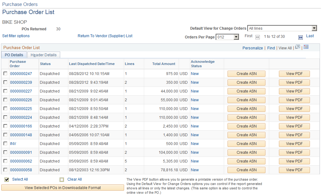 Purchase Orders - Purchase Order List page