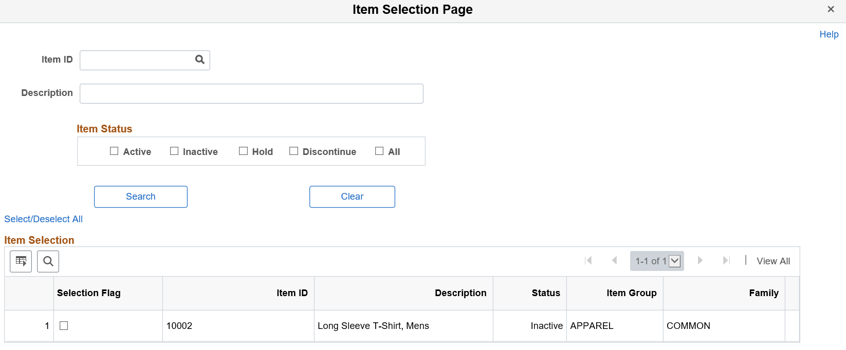 Manual Count Multiple Items Item Selection page