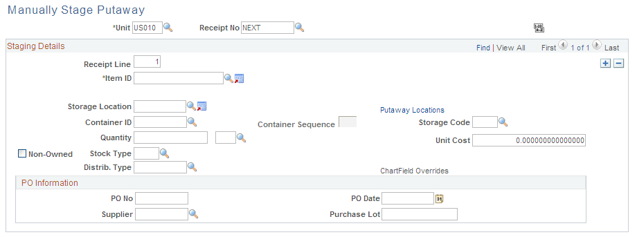 Manually Stage Putaway page