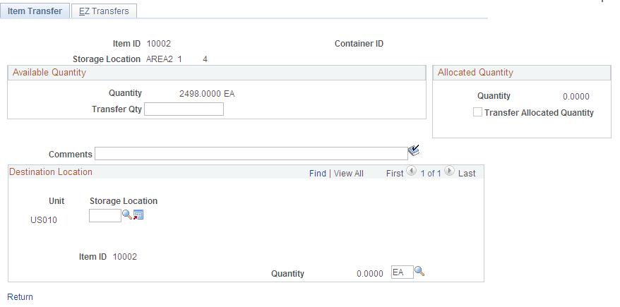 Item Transfer page to move non-container stock