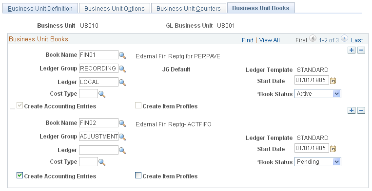 Inventory Definition - Business Unit Books page