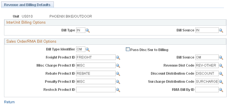 Inventory Definition - Business Unit Options: Revenue and Billing Defaults page