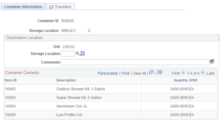 Container Information page to identify the destination for the storage container