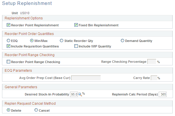 Setup Replenishment page