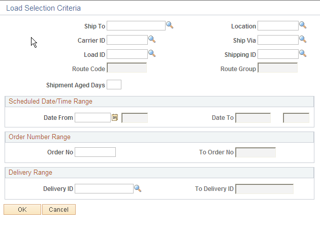 Load Selection Criteria page for Manage Loads