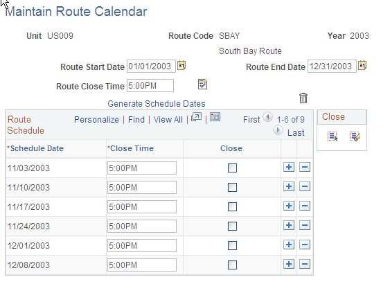 Maintain Route Calendar page