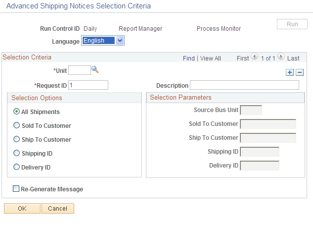 Advanced Shipping Notices Selection Criteria page