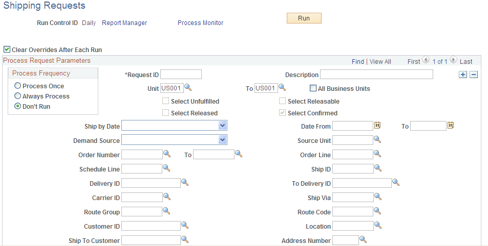 Shipping Requests page (1 of 2)