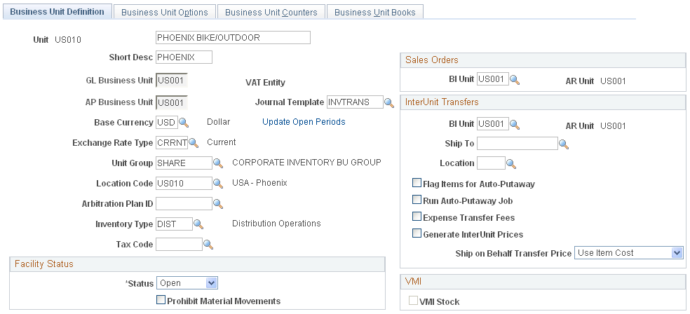 Inventory Definition - Business Unit Definition page