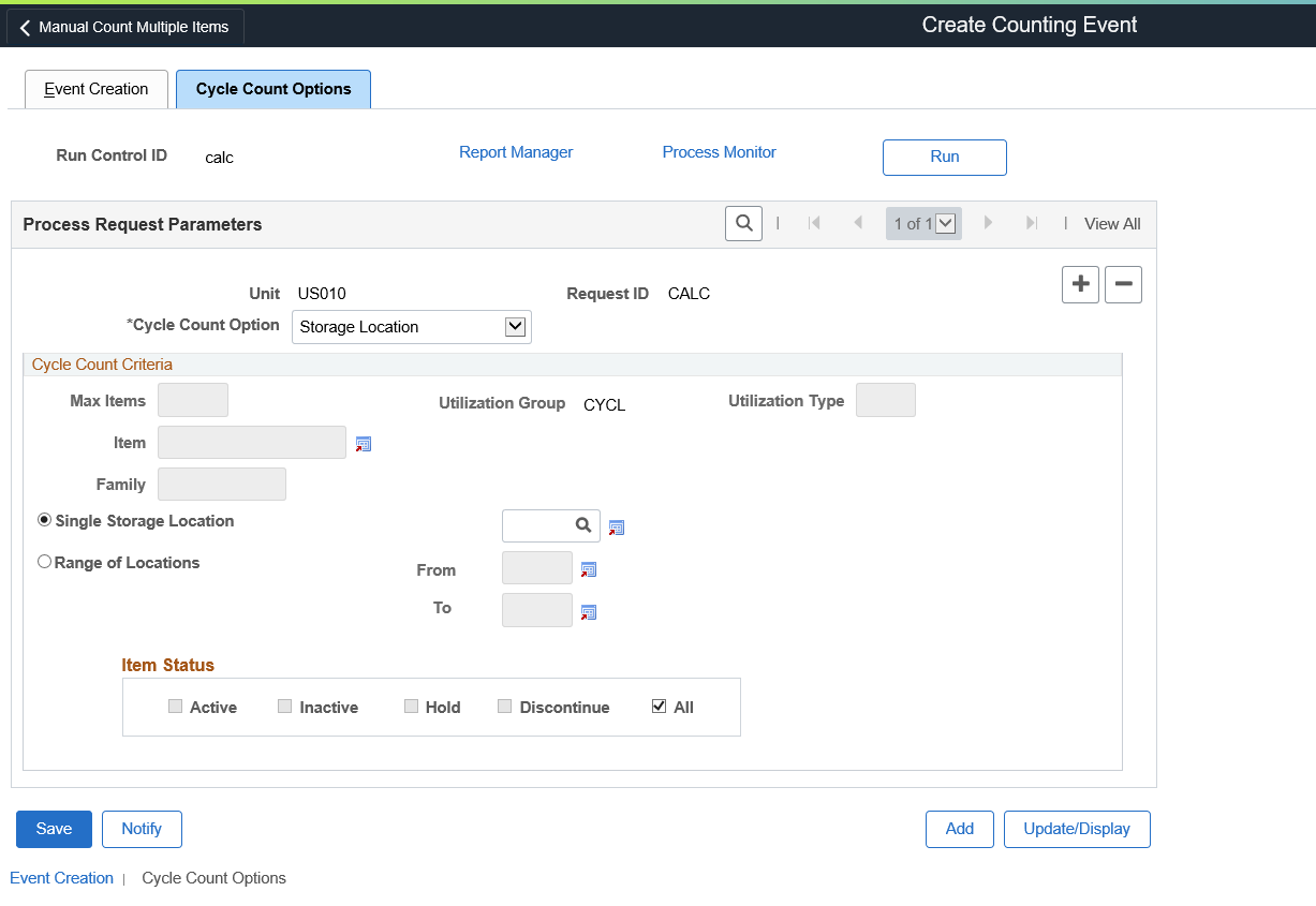 Cycle Count Options page