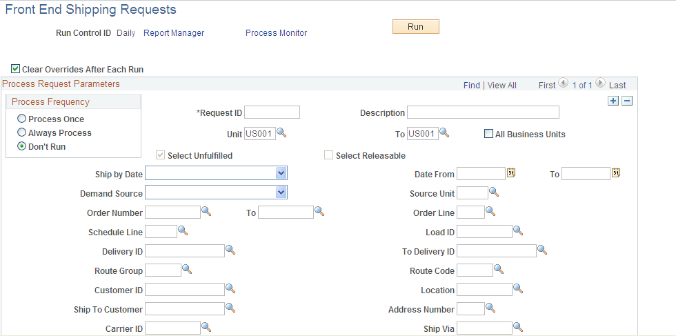 Front End Shipping Requests process page (page 1 of 2)