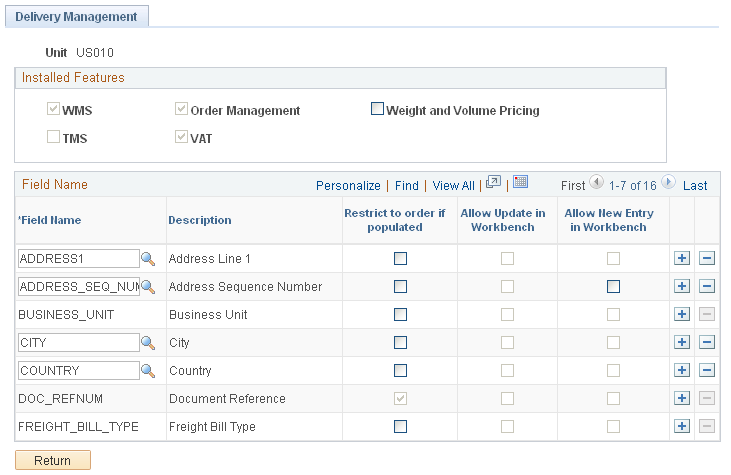 Inventory Definition - Business Unit Options: Delivery Management page