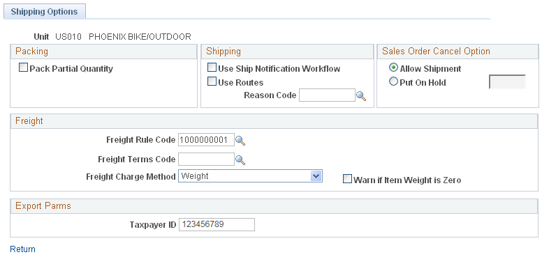 Inventory Definition - Business Unit Options: Shipping Options page