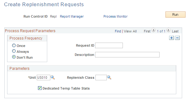 Create Replenishment Requests page