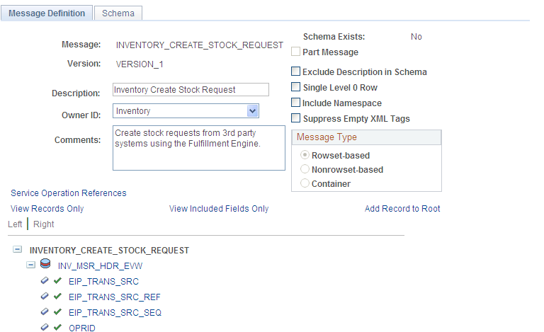 View the fields included in the message used by the INVENTORY_SHIPPING service operation (1 or 2)