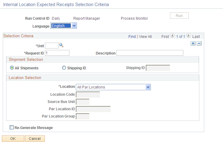 Internal Location Expected Receipts Selection Criteria page