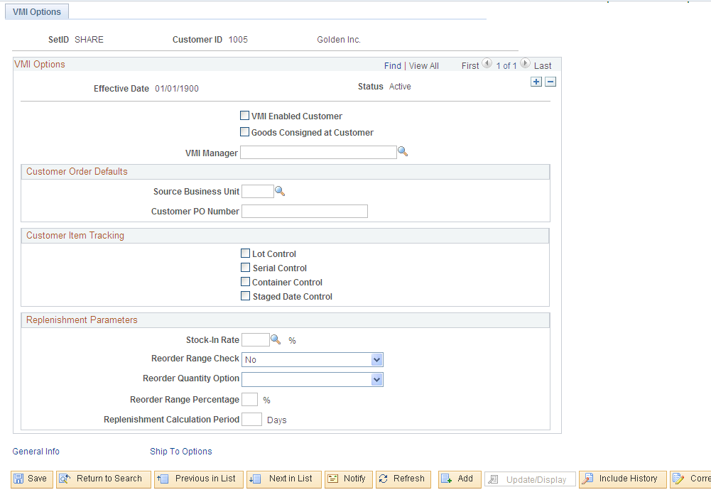 Customer Ship To - VMI Options page