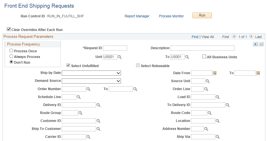 Front End Shipping Requests process page (1 of 2)