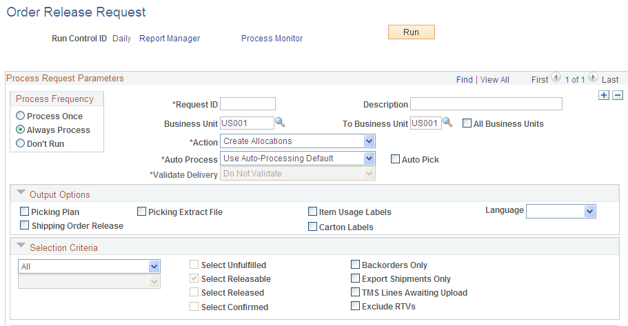 Order Release Request process page (1of2)