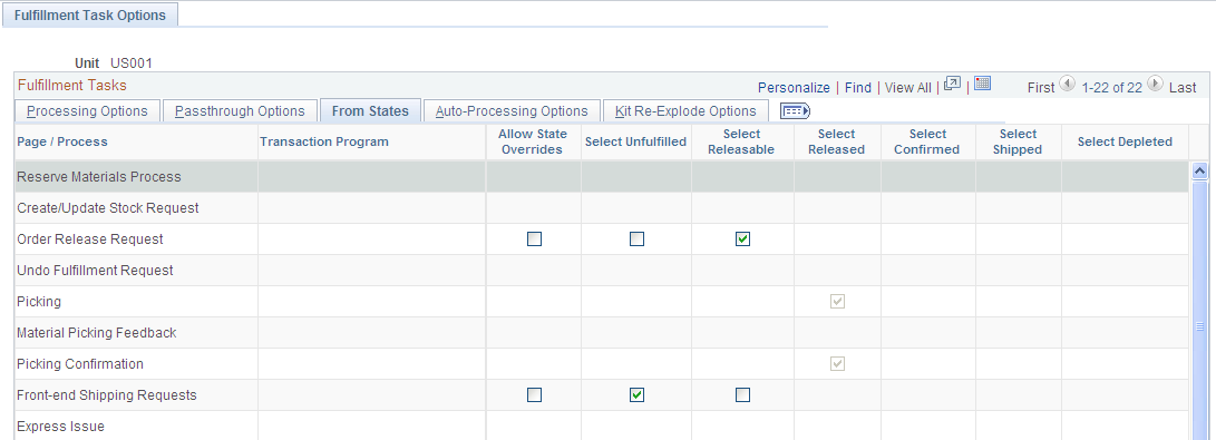 From States tab of the Setup Fulfillment-Fulfillment Task Options page (1 of 2)