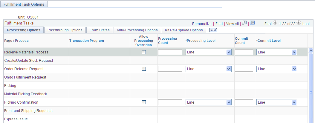 Processing Options tab of the Setup Fulfillment-Fulfillment Task Options page (page 1 of 2)
