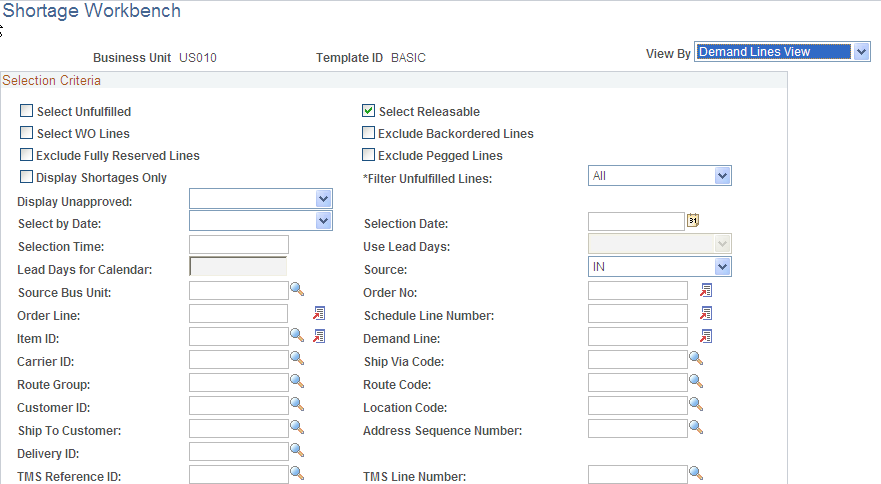 Shortage Workbench with the Demand Summary View Page (1 of 1).