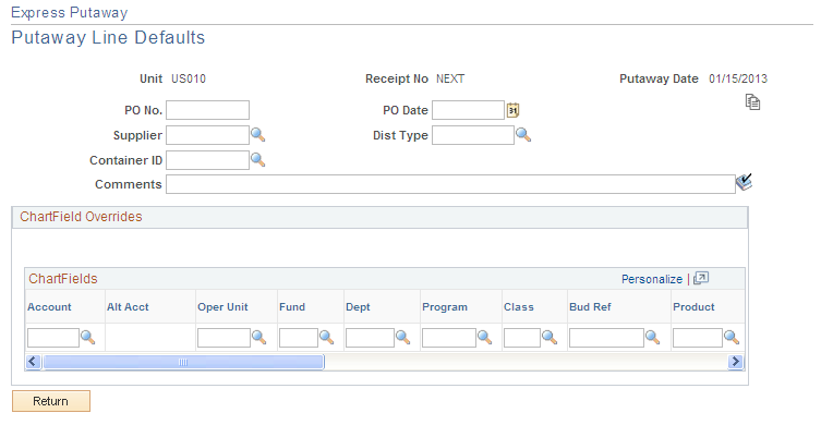 Express Putaway - Putaway Line Defaults page