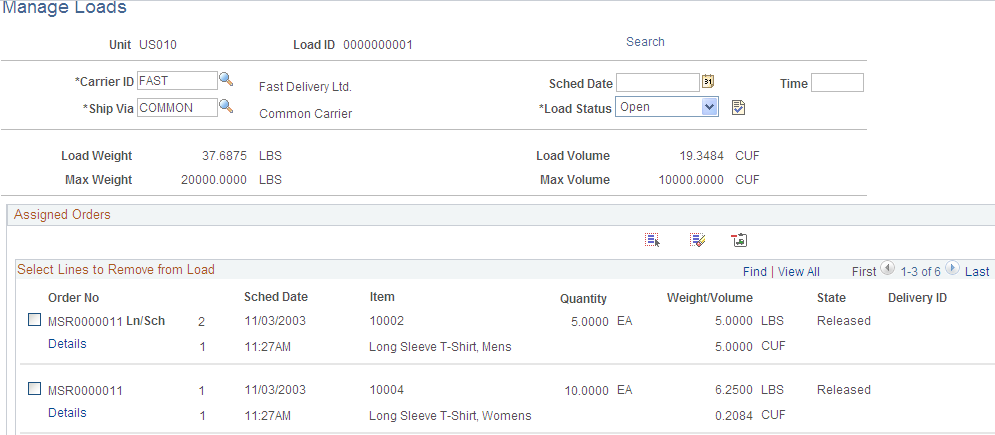 Manage Loads page (1 or 2)