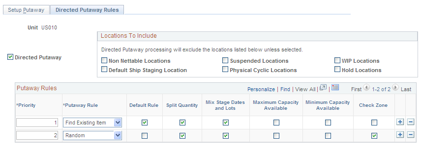 Directed Putaway Rules page