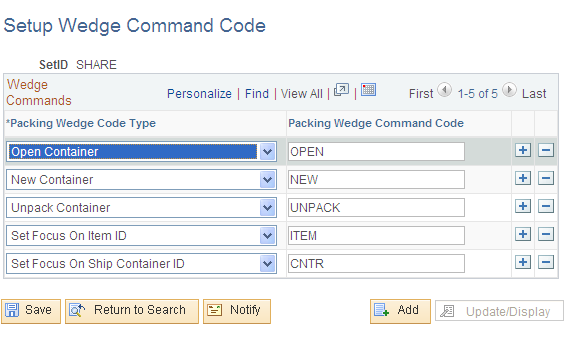 Setup Wedge Command Code page