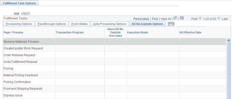 Kit Re-Explode Options tab of the Setup Fulfillment-Fulfillment Task Options page (1 of 2)