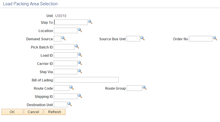 Load Packing Area Selection page