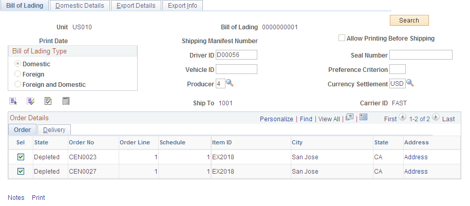 Bill of Lading page