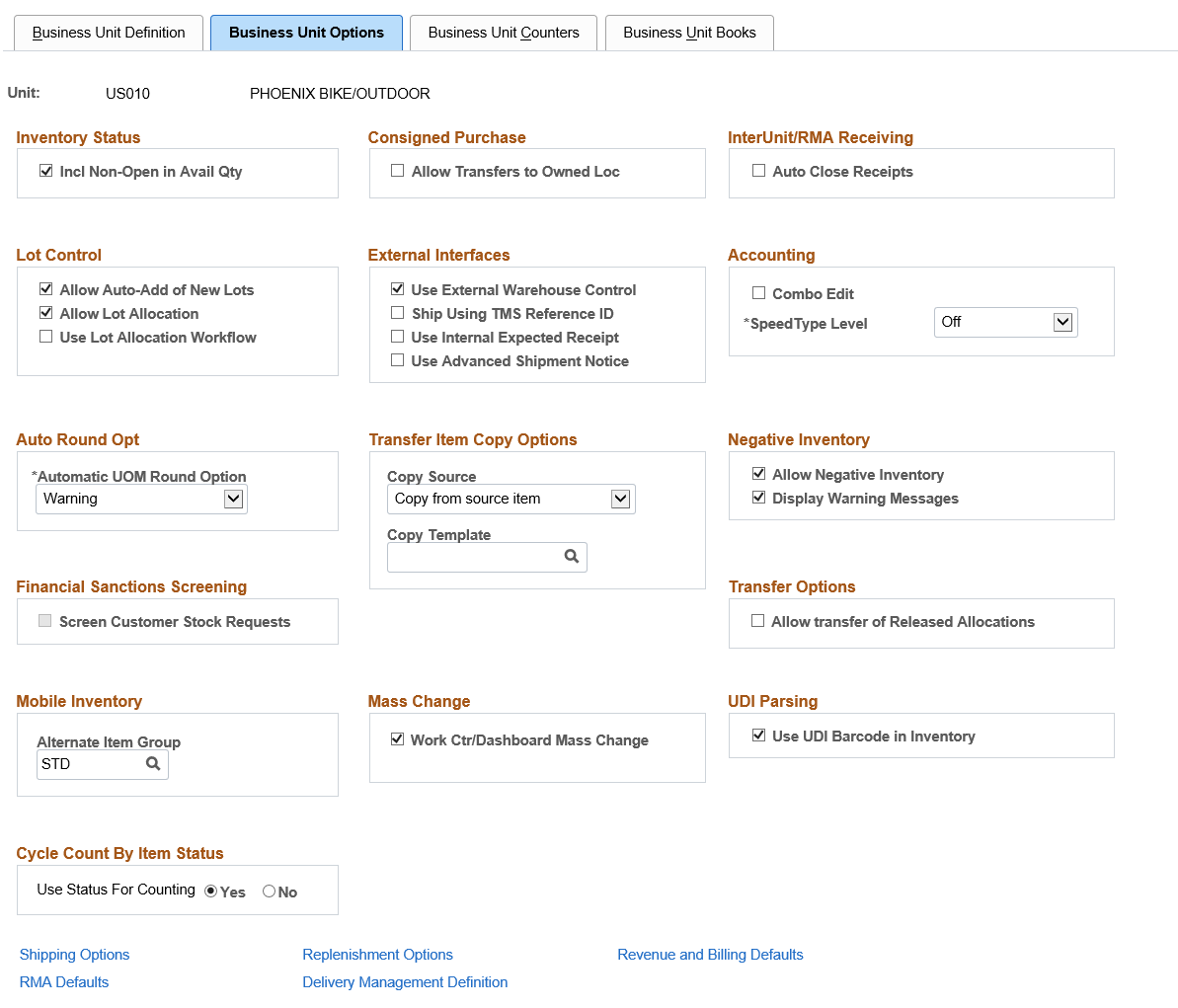 Business Unit Options page