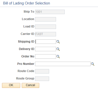 Bill of Lading Order Selection page