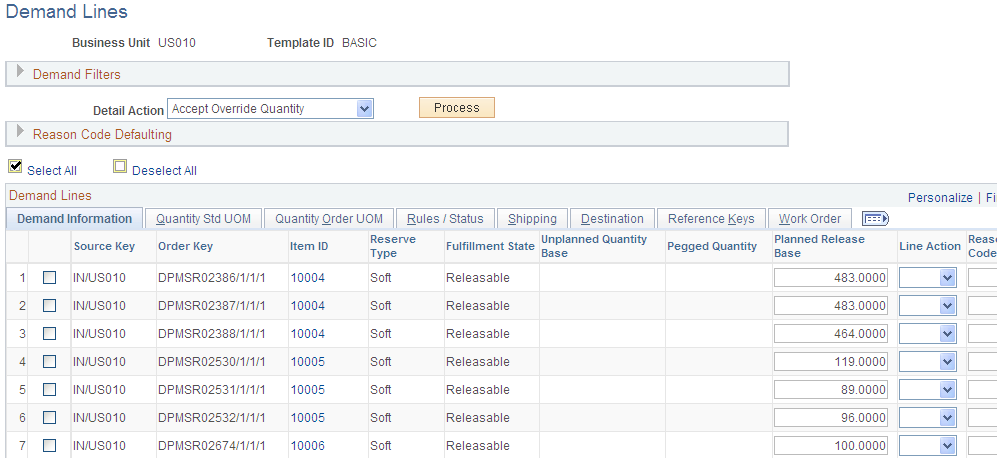 Demand Lines view of the Shortage Workbench